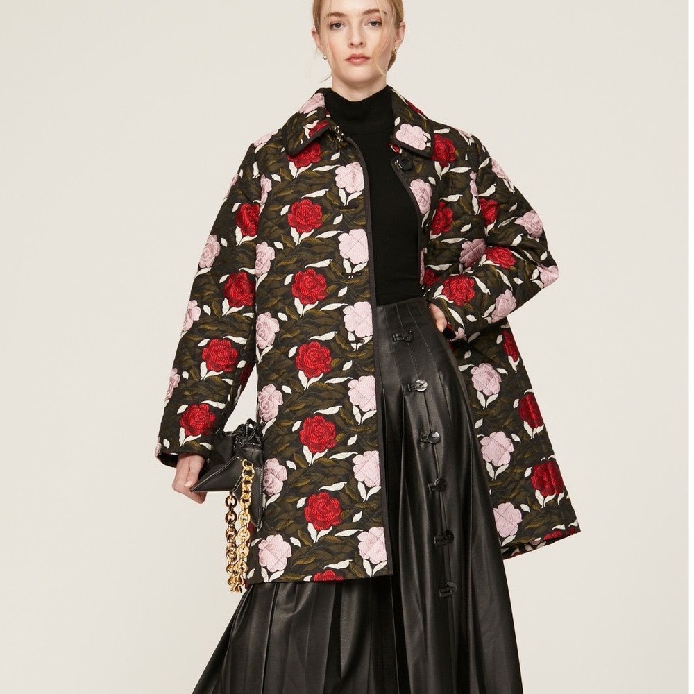 Kate Spade New York Sz XL Quilted Floral Rose Jacket Coat Black Pink Red - Picture 11 of 16